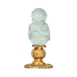 A FINE ANTIQUE FRENCH AQUAMARINE HAND / DESK SEAL in 18ct yellow gold, set with a carved aquamari...
