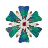 DAVID WEBB, A RUBY, DIAMOND AND AZURITE SNOWFLAKE BROOCH in 18ct yellow gold and platinum, set to...