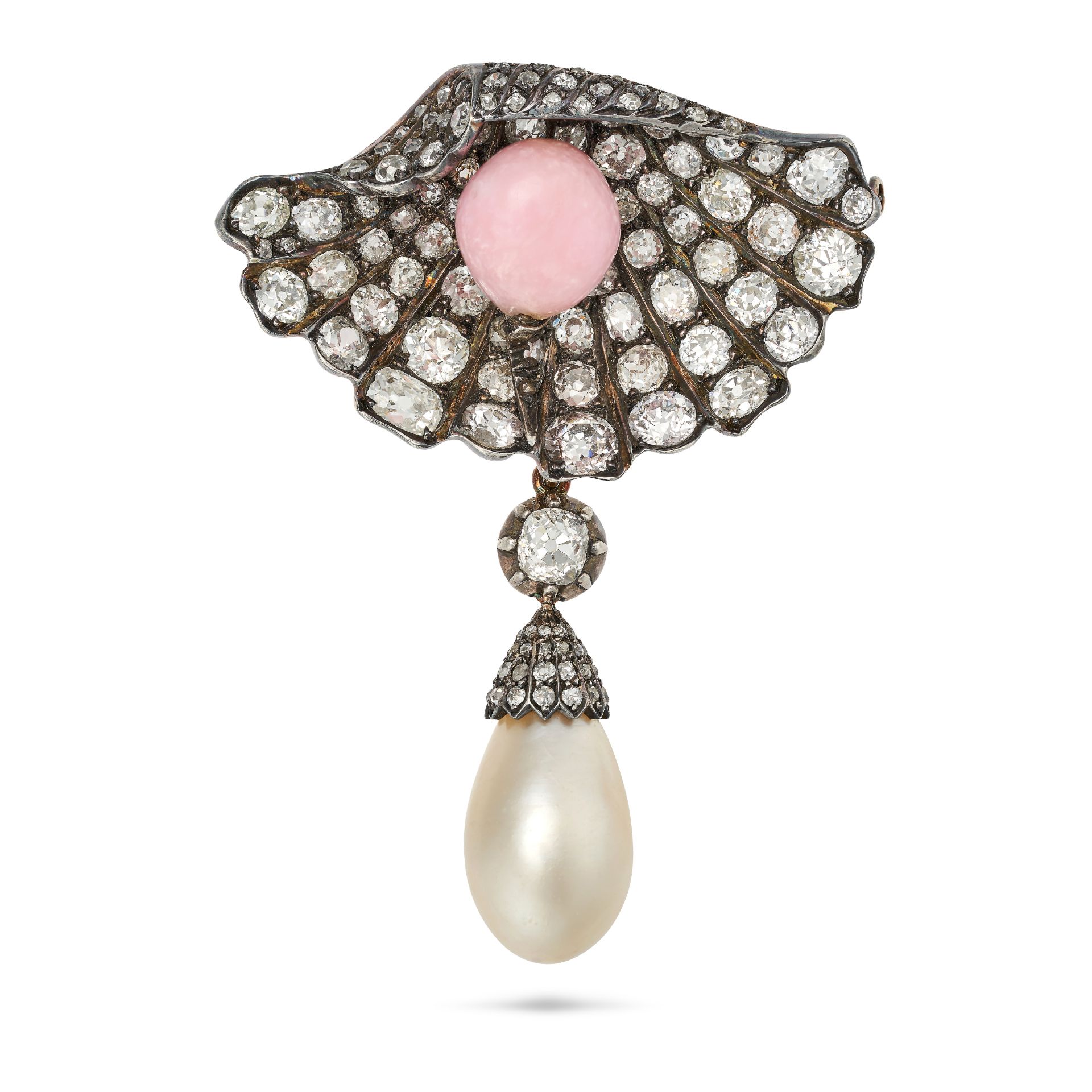 PETOCHI, AN IMPORTANT ANTIQUE NATURAL CONCH PEARL, NATURAL PEARL AND DIAMOND BROOCH in silver and...