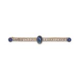 AN ANTIQUE SAPPHIRE AND DIAMOND BAR BROOCH in yellow gold, the bar set with a row of rose cut dia...