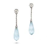 A PAIR OF DIAMOND AND AQUAMARINE DROP EARRINGS in white gold and platinum, each set with an old c...