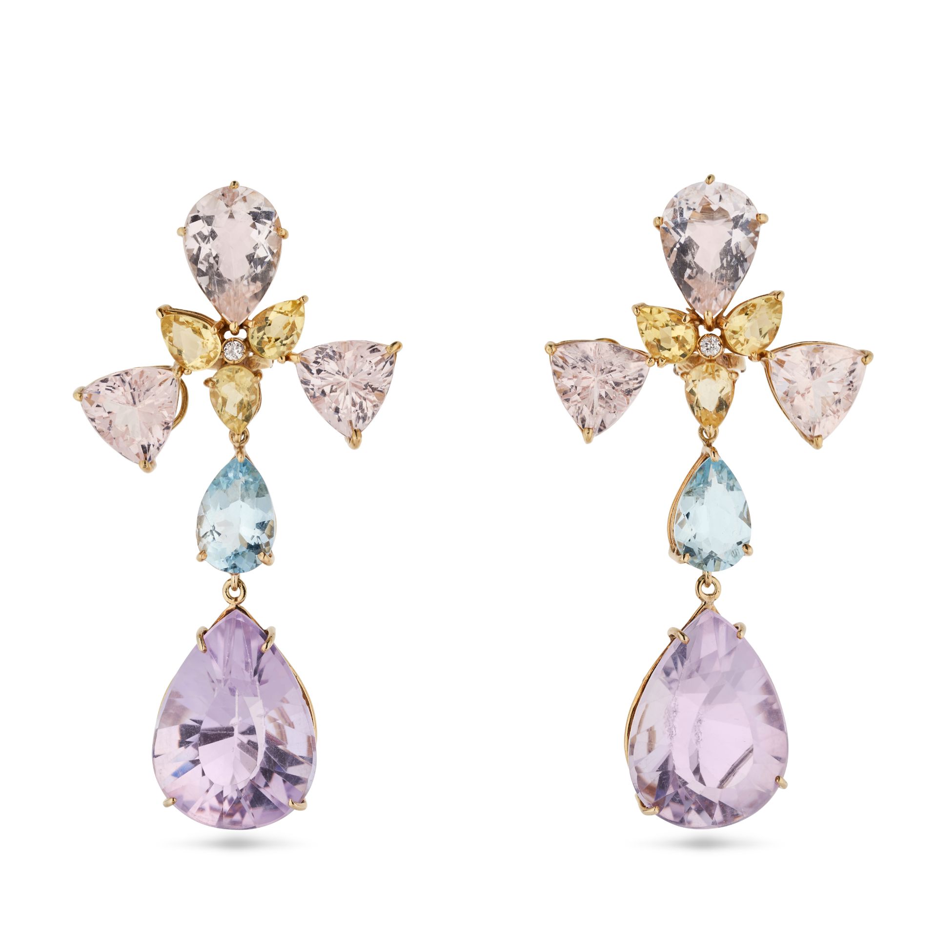 A PAIR OF DIAMOND AND MULTIGEM DROP EARRINGS in yellow gold, each set with a round brilliant cut ... - Image 2 of 2