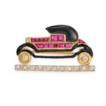 A DIAMOND, RUBY, AND ENAMEL NOVELTY CAR BROOCH in 18ct yellow gold, designed as a car set with ca...