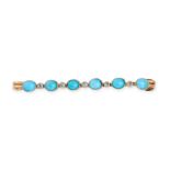 A TURQUOISE AND DIAMOND BAR BROOCH in yellow gold, set with a row of alternating oval cabochon tu...