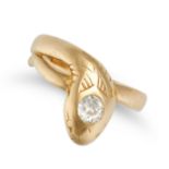 A DIAMOND SNAKE RING in 18ct yellow gold, designed as a coiled snake, the head set with an old cu...