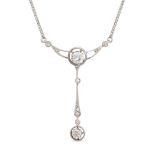 A VINTAGE DIAMOND LAVALIER PENDANT NECKLACE in platinum, set with old and rose cut diamonds suspe...