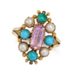 AN ANTIQUE PINK TOPAZ, TURQUOISE AND PEARL DRESS RING in 18ct yellow gold, set to the centre with...