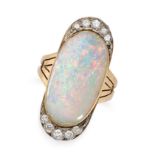 AN OPAL AND DIAMOND DRESS RING in yellow gold, set with an oval cabochon opal accented by curved ...