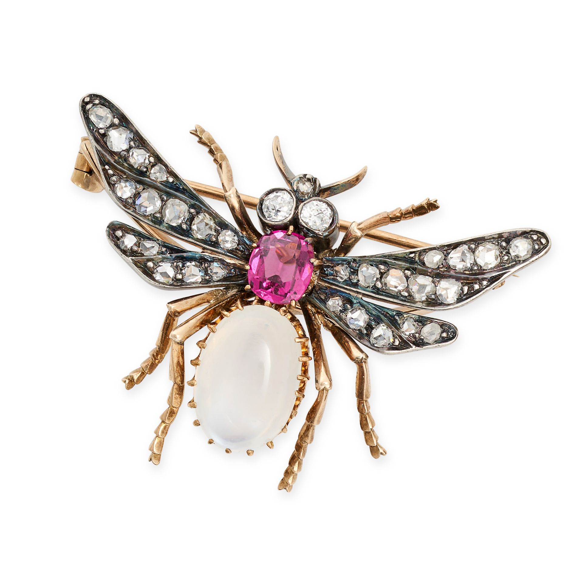 AN ANTIQUE MOONSTONE, GARNET AND DIAMOND INSECT BROOCH in yellow gold and silver, designed as an ...