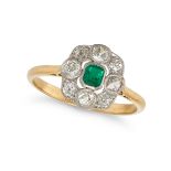 AN EMERALD AND DIAMOND RING in 18ct yellow gold and platinum, set with an octagonal step cut emer...