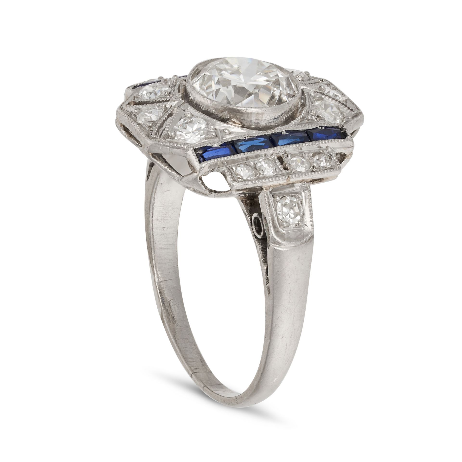 AN ART DECO DIAMOND AND SAPPHIRE RING in platinum, set with an old European cut diamond of approx... - Image 4 of 4