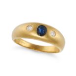 A SAPPHIRE AND DIAMOND GYPSY RING in 18ct yellow gold, set with an oval cut sapphire between two ...