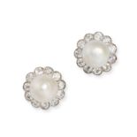 A PAIR OF NATURAL SALTWATER PEARL AND DIAMOND CLUSTER EARRINGS in platinum and yellow gold, each ...