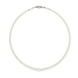 A PEARL AND DIAMOND NECKLACE in 14ct white gold, comprising a single row of graduated pearls, the...