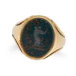 A BLOODSTONE SIGNET RING in 18ct yellow gold, set with an oval bloodstone intaglio carved to depi...