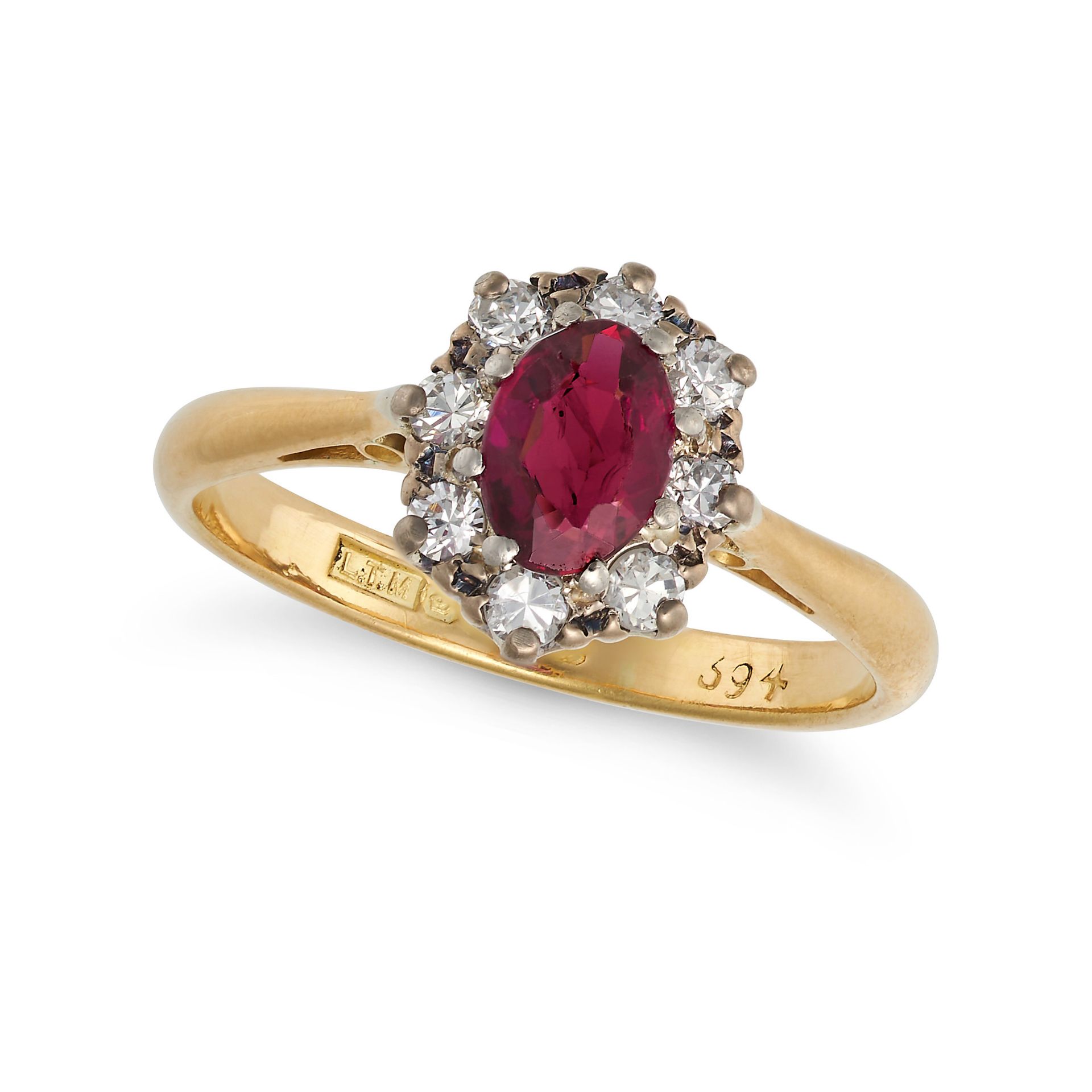 A VINTAGE RUBY AND DIAMOND CLUSTER RING in 18ct yellow gold, set with an oval cut ruby of approxi...