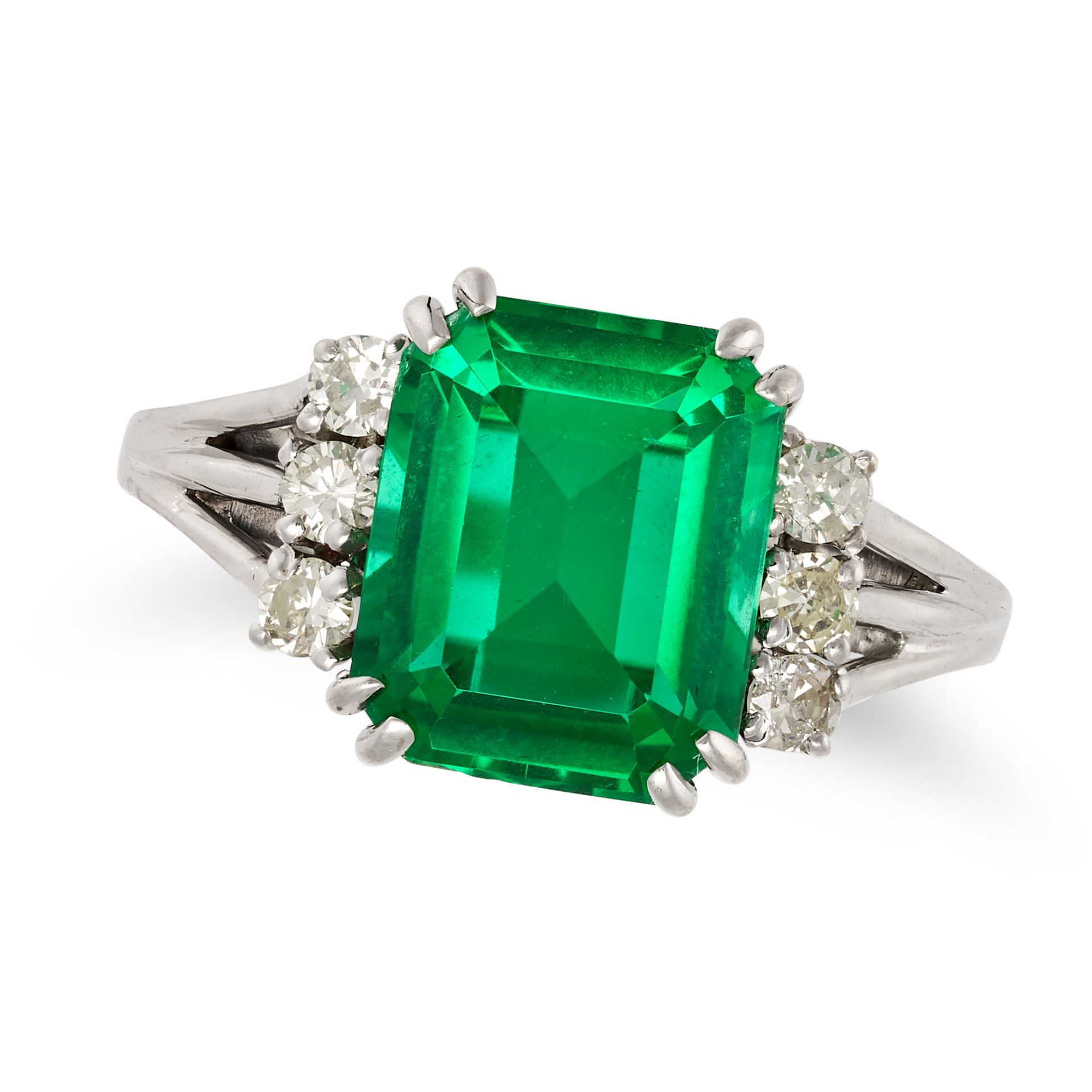 A SYNTHETIC EMERALD AND DIAMOND RING in white gold, set with an octagonal step cut synthetic emer... - Image 2 of 2