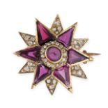 AN ANTIQUE GARNET AND DIAMOND STAR BROOCH / PENDANT in yellow gold, set with fancy cut garnets an...