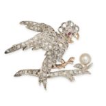 AN ANTIQUE DIAMOND AND RUBY COCKATOO BROOCH in yellow gold and silver, designed as a cockatoo per...