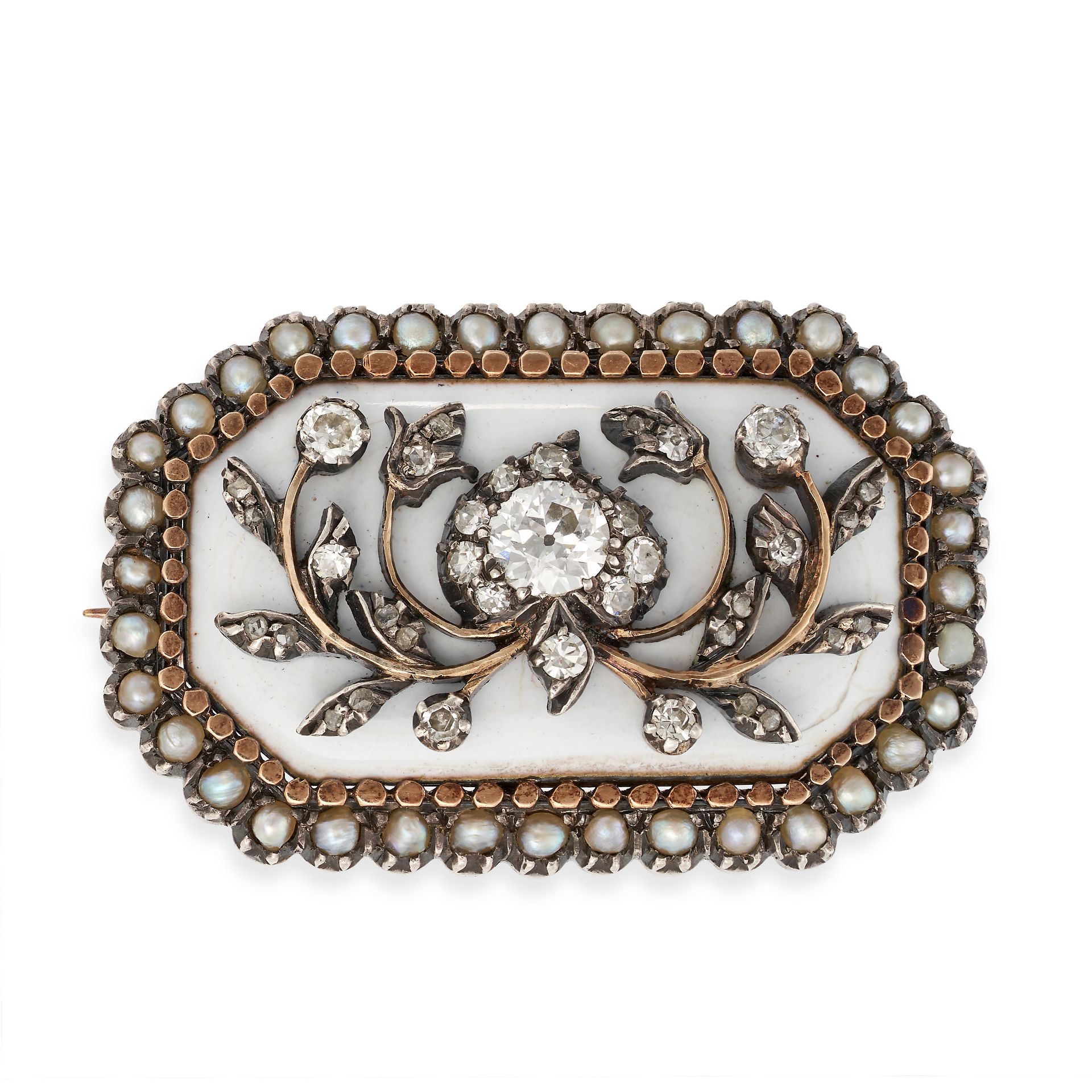 AN ANTIQUE DIAMOND, PEARL, AND ENAMEL BROOCH in yellow gold and silver, set to the centre with an...