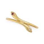 A RUBY AND DIAMOND SNAKE BANGLE in yellow gold, the hinged bangle designed as two coiled snakes, ...