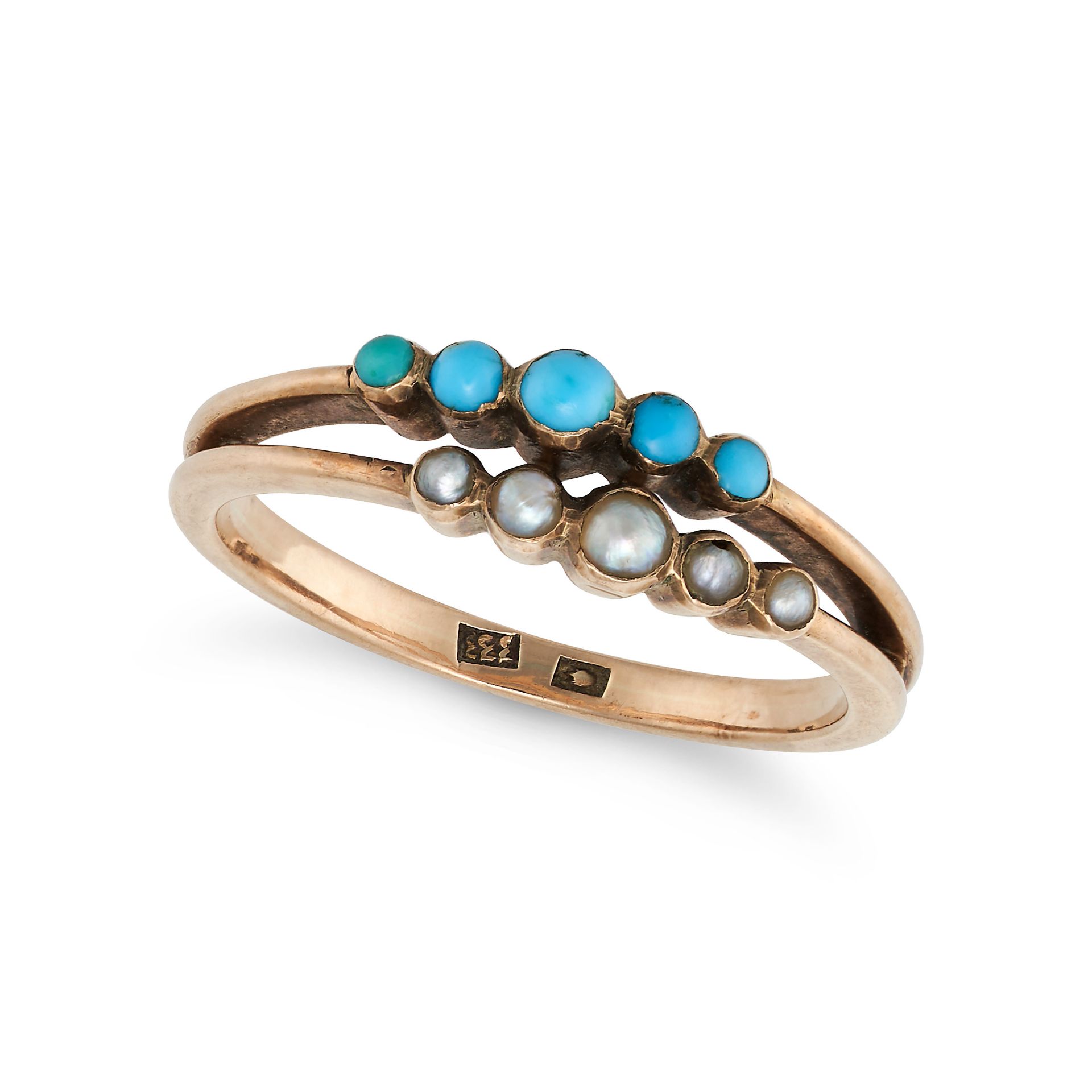 A TURQUOISE AND PEARL RING in 8ct yellow gold, the bifurcated band set with a row of pearls and a...