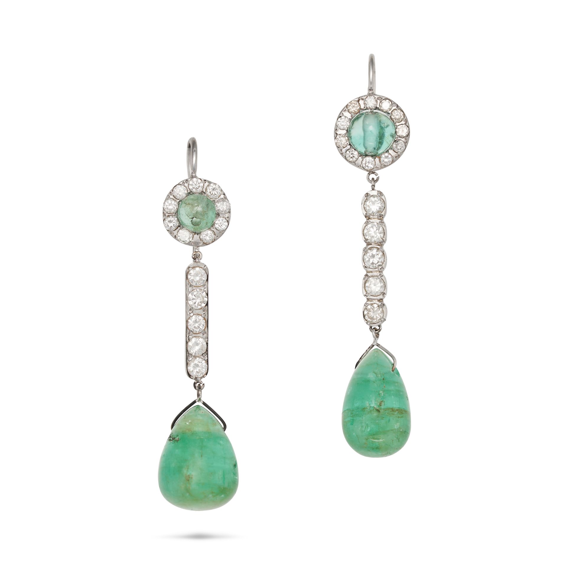 A PAIR OF EMERALD AND DIAMOND DROP EARRINGS in white gold, each set with a round cabochon emerald...