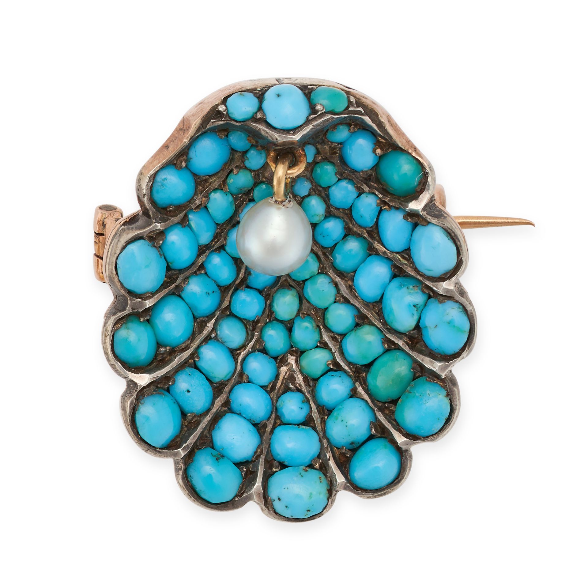 AN ANTIQUE TURQUOISE AND PEARL SHELL BROOCH in yellow gold and silver, designed as a seashell set...