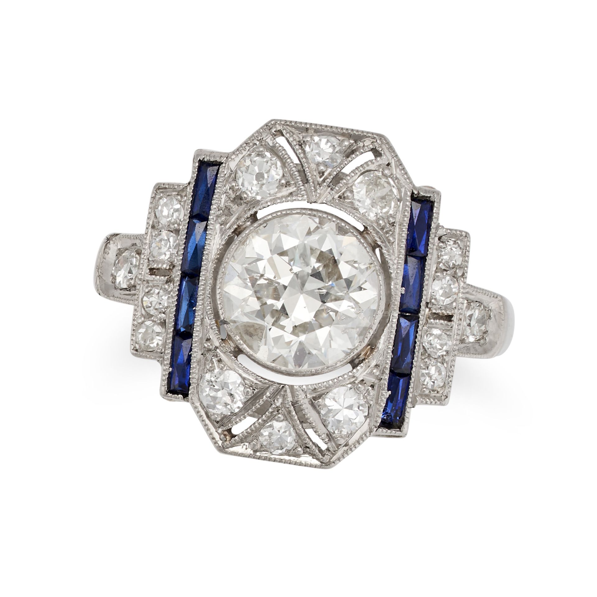 AN ART DECO DIAMOND AND SAPPHIRE RING in platinum, set with an old European cut diamond of approx... - Image 2 of 4