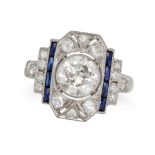 AN ART DECO DIAMOND AND SAPPHIRE RING in platinum, set with an old European cut diamond of approx...
