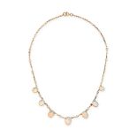 AN OPAL AND PEARL NECKLACE in 9ct yellow gold, the fancy link chain set with cabochon opals accen...