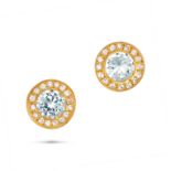 A PAIR OF AQUAMARINE AND DIAMOND EARRINGS in yellow gold, each set with a round cut aquamarine in...