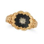 AN ANTIQUE VICTORIAN DIAMOND AND ONYX MOURNING RING in 18ct yellow gold, set with an old cut diam...