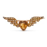 AN ANTIQUE CITRINE AND PEARL WINGED HEART BROOCH in 9ct yellow gold, set with a heart cut citrine...