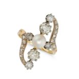 AN ANTIQUE PEARL AND DIAMOND RING in yellow gold, set with a row of old cut diamonds and a pearl,...