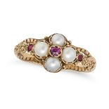AN ANTIQUE RUBY AND PEARL RING in yellow gold, set with an oval cut ruby in a cluster of pearls, ...