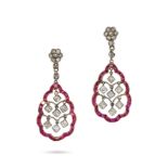 A PAIR OF ANTIQUE RUBY AND DIAMOND DROP EARRINGS in yellow gold, each comprising a cluster of old...