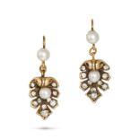 A PAIR OF DIAMOND AND PEARL DROP EARRINGS in yellow gold, each comprising a pearl suspending a sh...