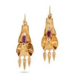 A PAIR OF ANTIQUE GARNET AND ROCK CRYSTAL DROP EARRINGS in yellow gold, each in a scrolling desig...