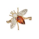 A CITRINE, MOONSTONE AND DIAMOND INSECT BROOCH in yellow gold, designed as a winged insect, the b...