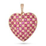 A RUBY AND DIAMOND HEART PENDANT in yellow gold, set with square step cut rubies and round brilli...