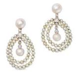 A PAIR OF PEARL AND DIAMOND DROP EARRINGS in yellow gold, each set with a pearl suspending a row ...