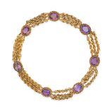 AN ANTIQUE VICTORIAN AMETHYST CHOKER NECKLACE in yellow gold, comprising three rows of fancy link...