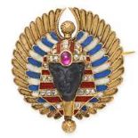 AN ANTIQUE EGYPTIAN REVIVAL ENAMEL, RUBY AND DIAMOND PHARAOH BROOCH, 19TH CENTURY in yellow gold,...