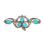 AN ANTIQUE TURQUOISE AND DIAMOND CLOVER BROOCH in yellow gold and silver, designed as a clover se...