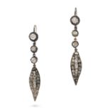 A PAIR OF ANTIQUE DIAMOND DROP EARRINGS in yellow gold and silver, each set with three old cut di...