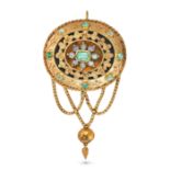 AN ANTIQUE EMERALD AND OPAL ETRUSCAN REVIVAL BROOCH / PENDANT in yellow gold, the domed body set ...