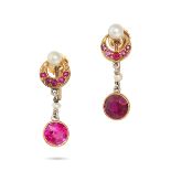 A PAIR OF ANTIQUE SYNTHETIC RUBY AND DIAMOND DROP EARRINGS in 9ct yellow gold, each comprising a ...