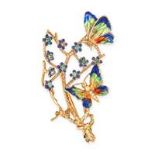 AN ENAMEL AND TURQUOISE BUTTERFLY BROOCH in 18ct yellow gold, designed as two butterflies on a br...