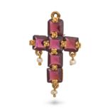 A GARNET AND PEARL CROSS PENDANT in yellow gold, designed as a cross set with square step cut gar...